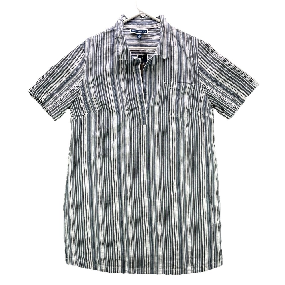 Karen Scott Woven Shirt Dress Size XL Blue Striped Short Sleeve 100% Cotton NWT